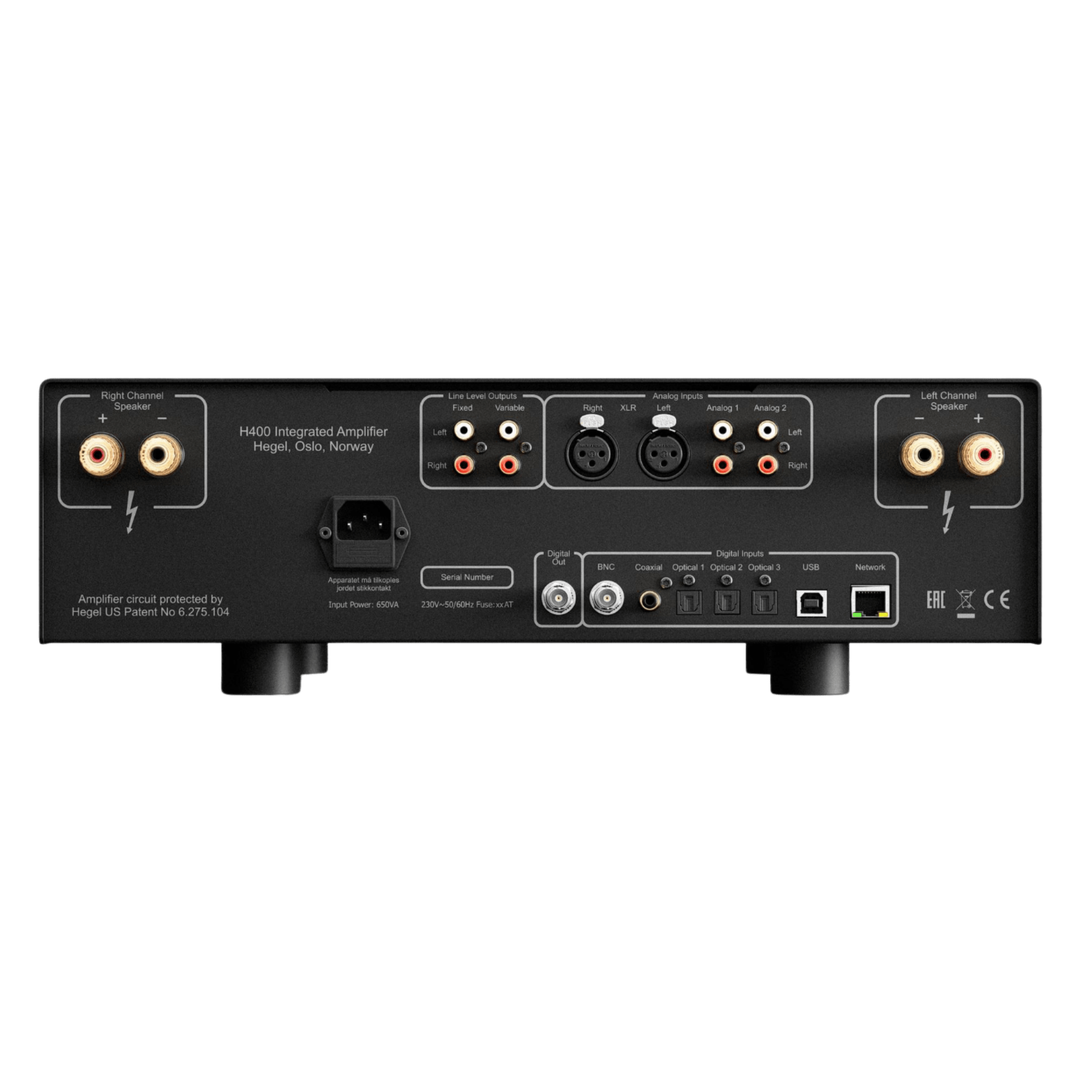Hegel H400 Integrated Streaming Amplifier, back of unit