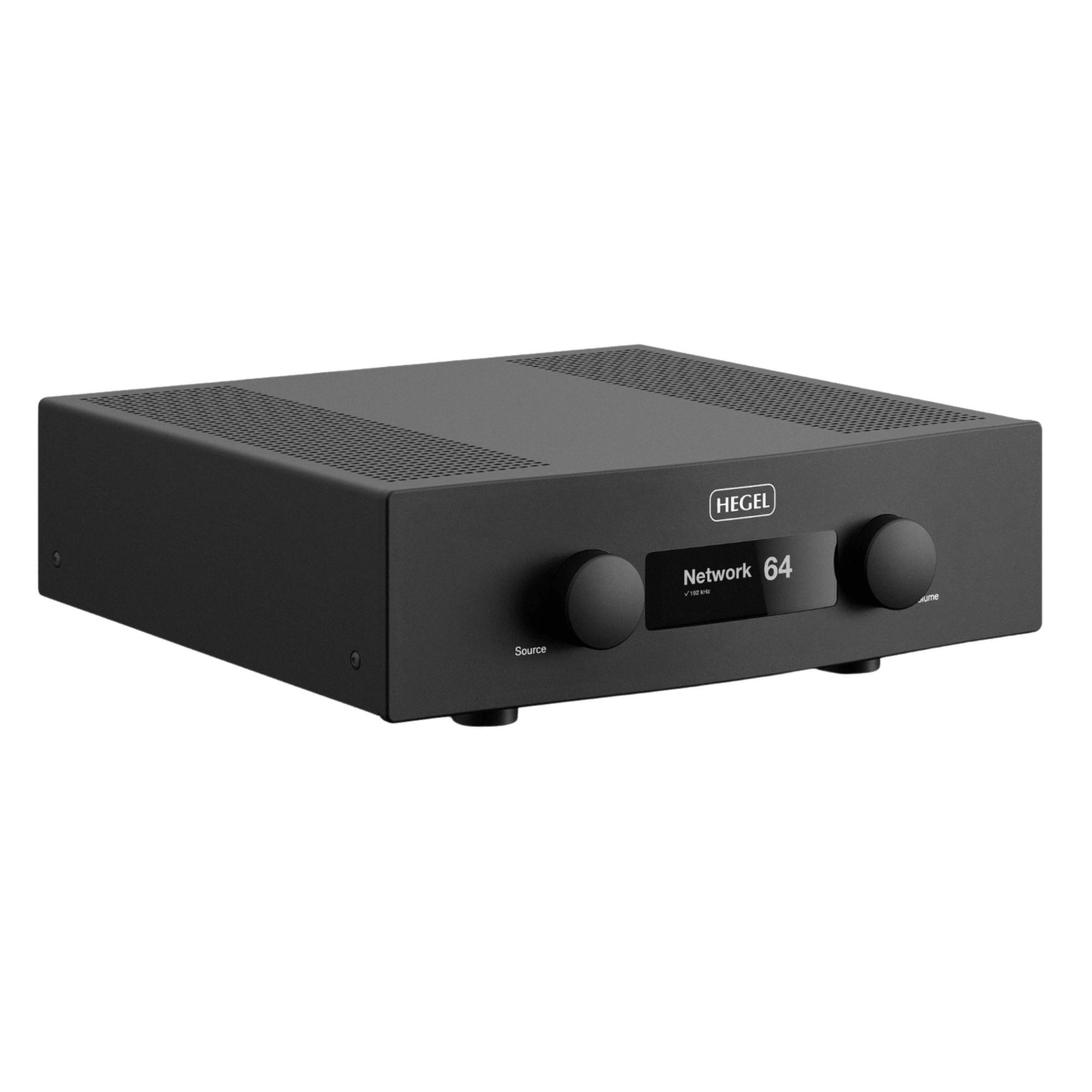 Hegel H400 Integrated Streaming Amplifier, view of front, side and top, angled