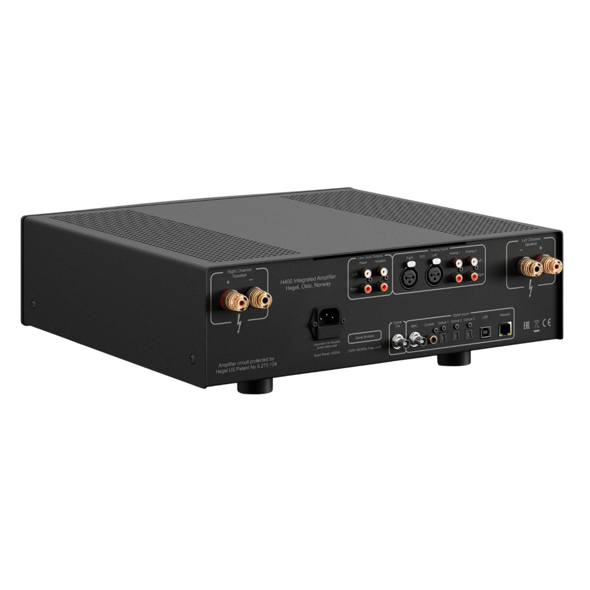 Hegel H400 Integrated Streaming Amplifier, back of unit on an angle