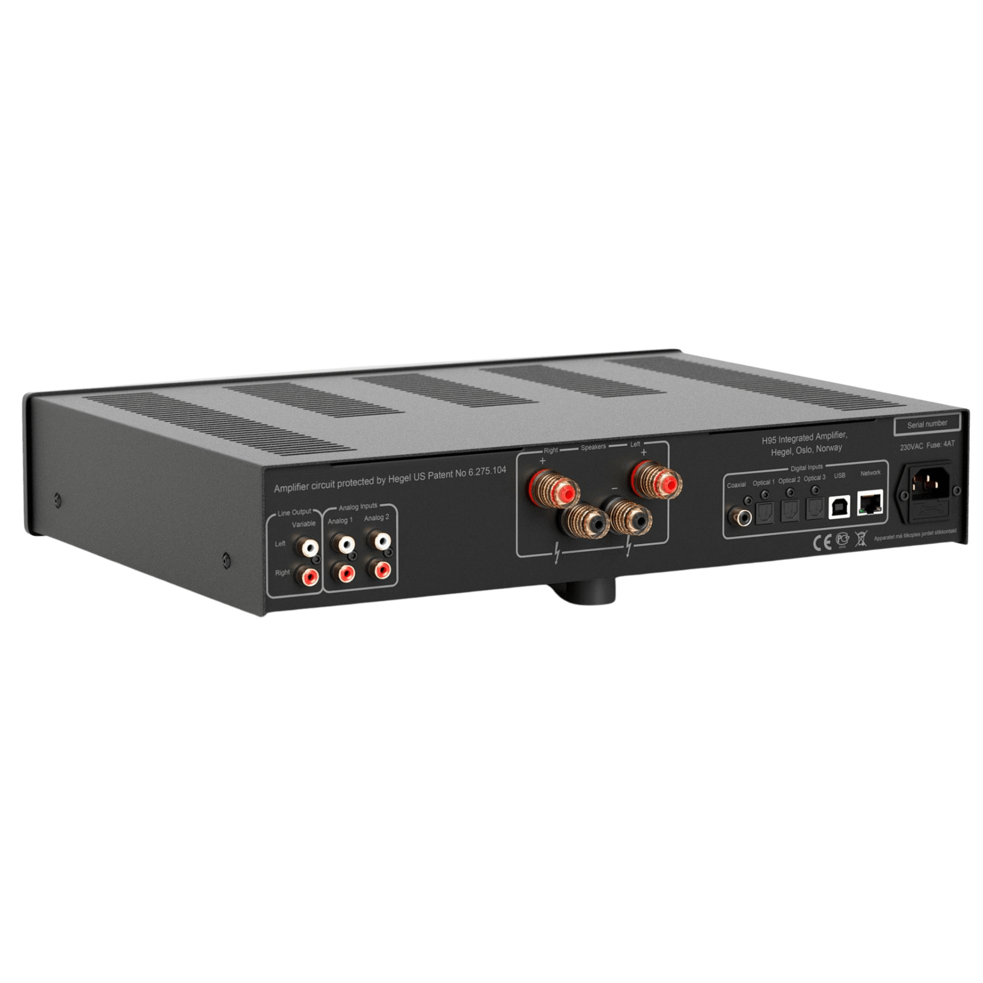 Hegel H95 Streaming Amplifier, back of unit angled to the left