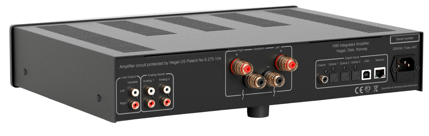 Hegel H95 Streaming Amplifier, back of unit, on an angle