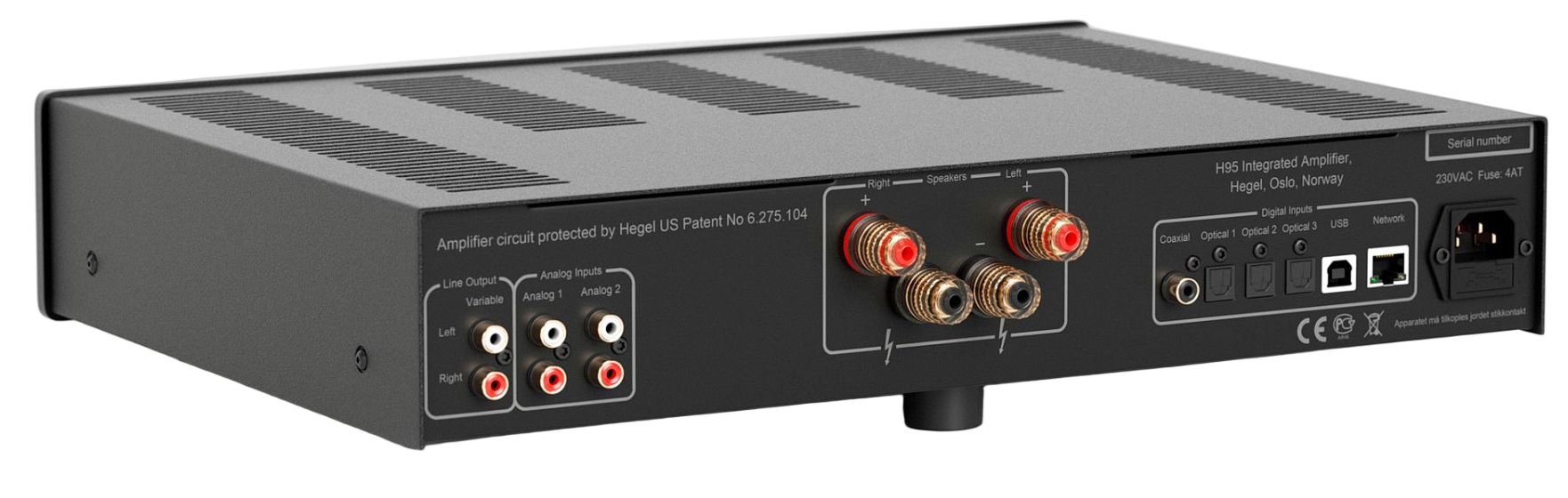 Hegel H95 Streaming Amplifier, back of unit, on an angle