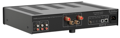 Hegel H95 Streaming Amplifier, back of unit, on an angle