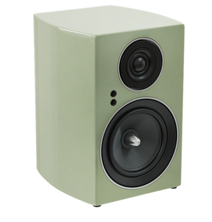 Jamo C707 PA Active Bookshelf Speaker in Khaki Green, angled to the right