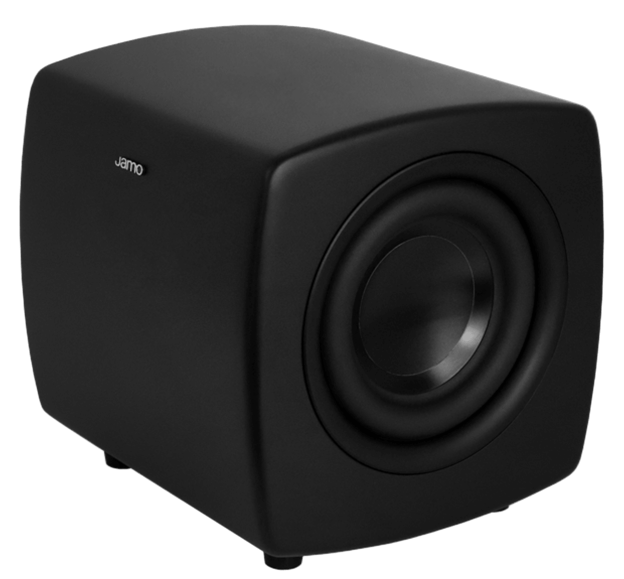 Jamo Cube Compact Powered Subwoofer, Black angled