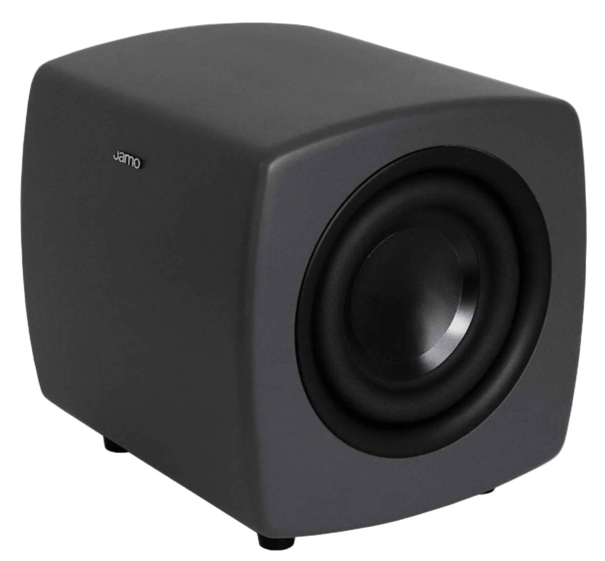 Jamo Cube Compact Powered Subwoofer, Grey angled