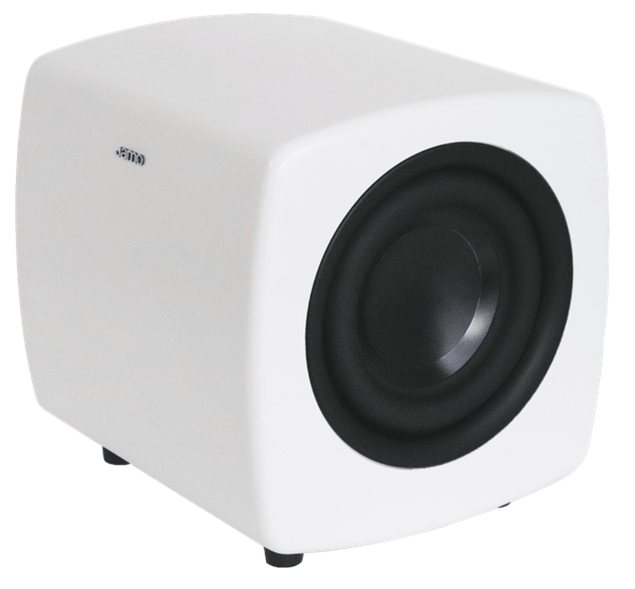 Jamo Cube Compact Powered Subwoofer, white angled image