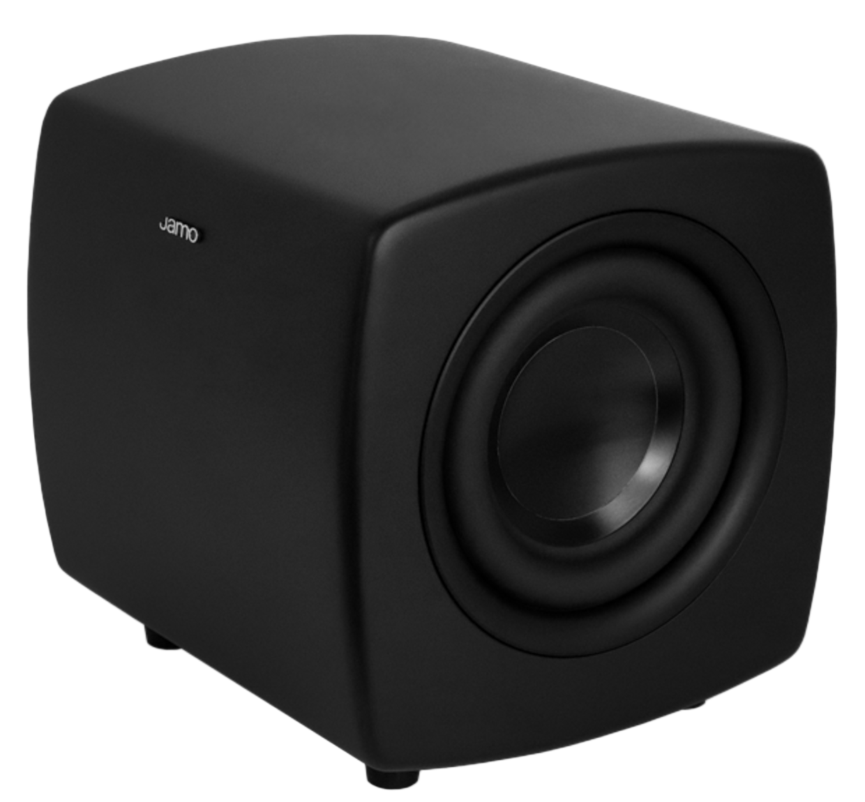 Jamo Cube Compact Powered Subwoofer, Black angled