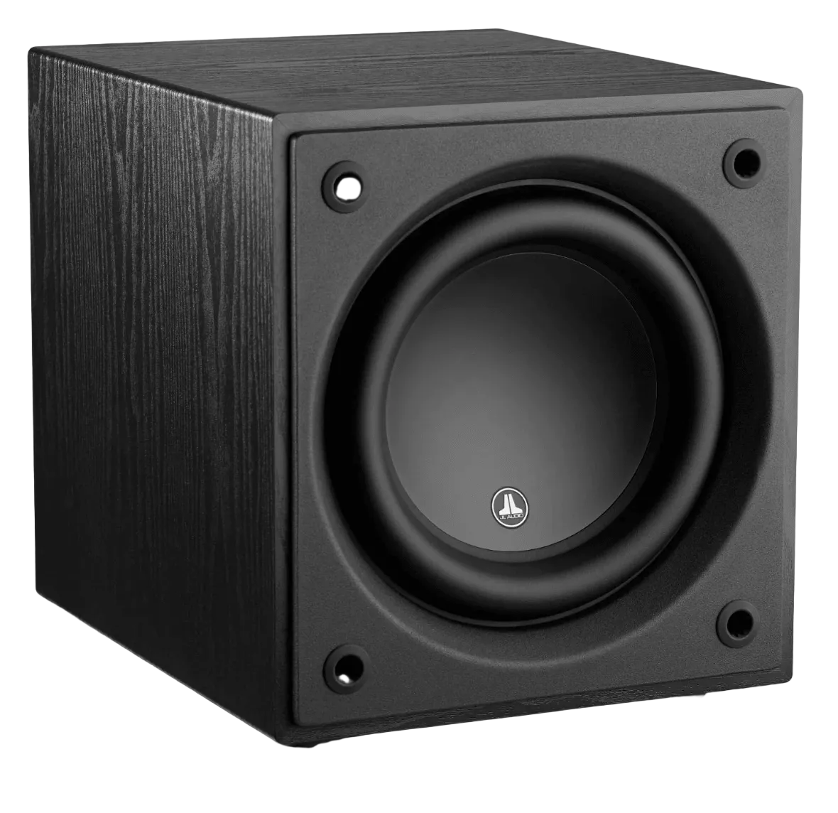 JL Audio Dominion d110 10-inch Subwoofer in Black Ash, front of unit, angled view