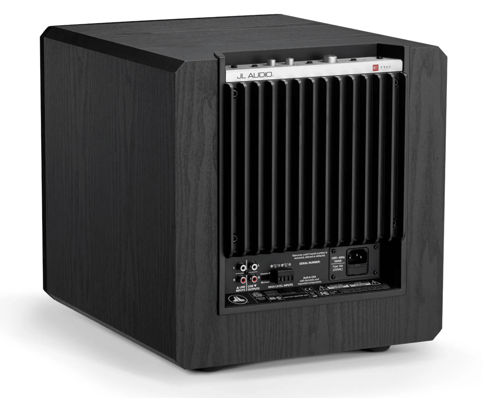 JL Audio E-Sub e110 10-inch Subwoofer in Black Ash, back on an angle