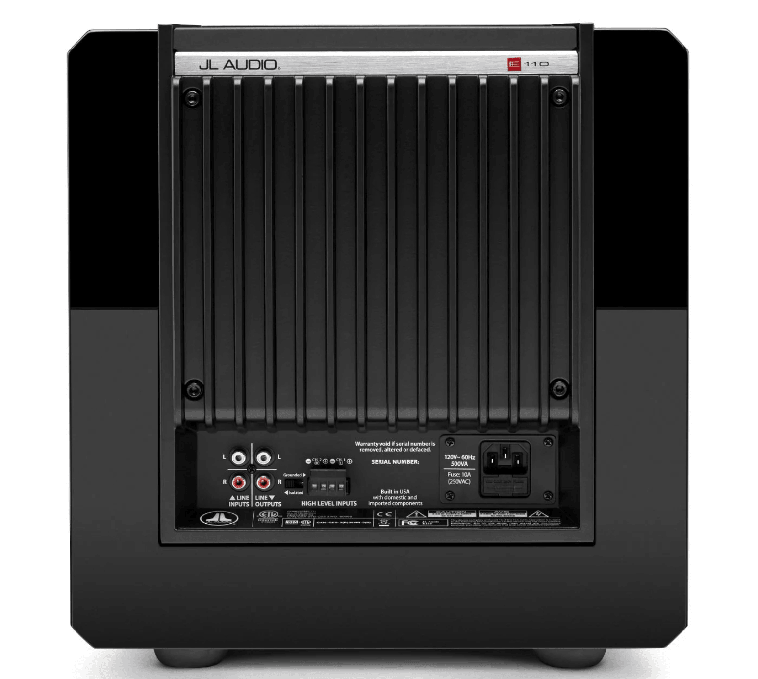 JL Audio E-Sub e110 10-inch Subwoofer in Black Gloss, back of unit