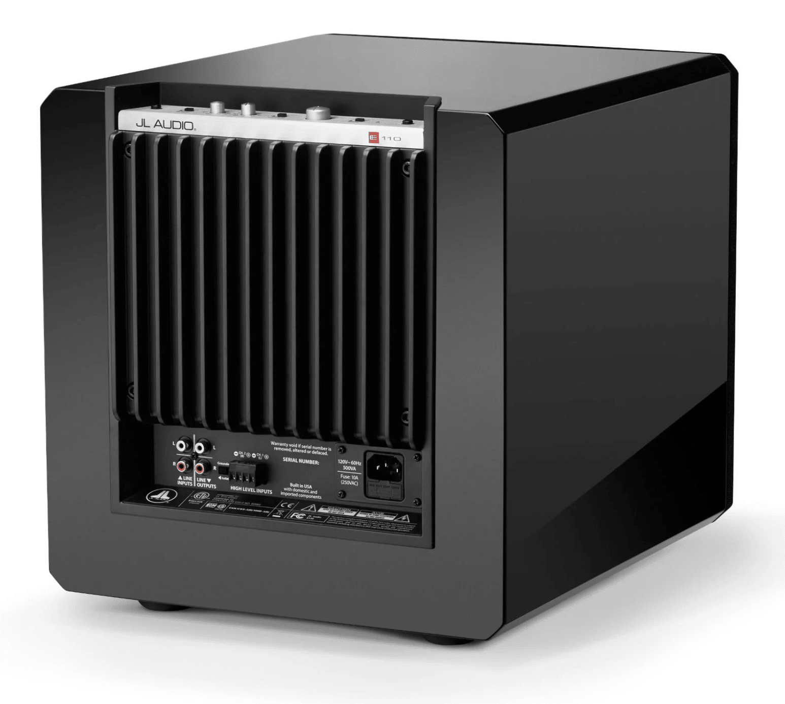 JL Audio E-Sub e110 10-inch Subwoofer in Black Gloss, back on an angle