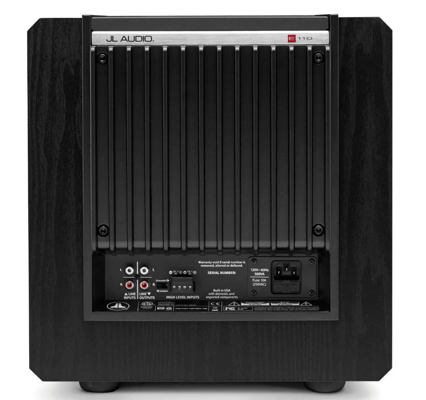 JL Audio E-Sub e110 10-inch Subwoofer in Black Ash, back of unit