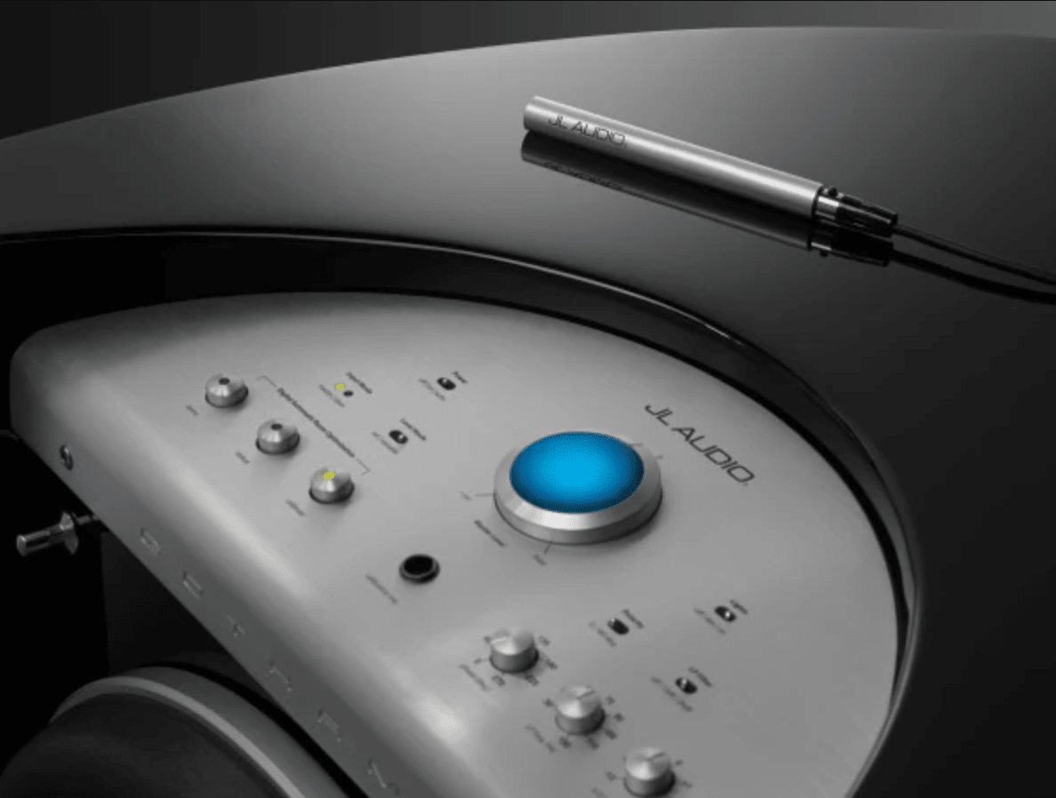 JL Audio Gotham Dual g213v2 Subwoofer, controls up close, with calibrated microphone
