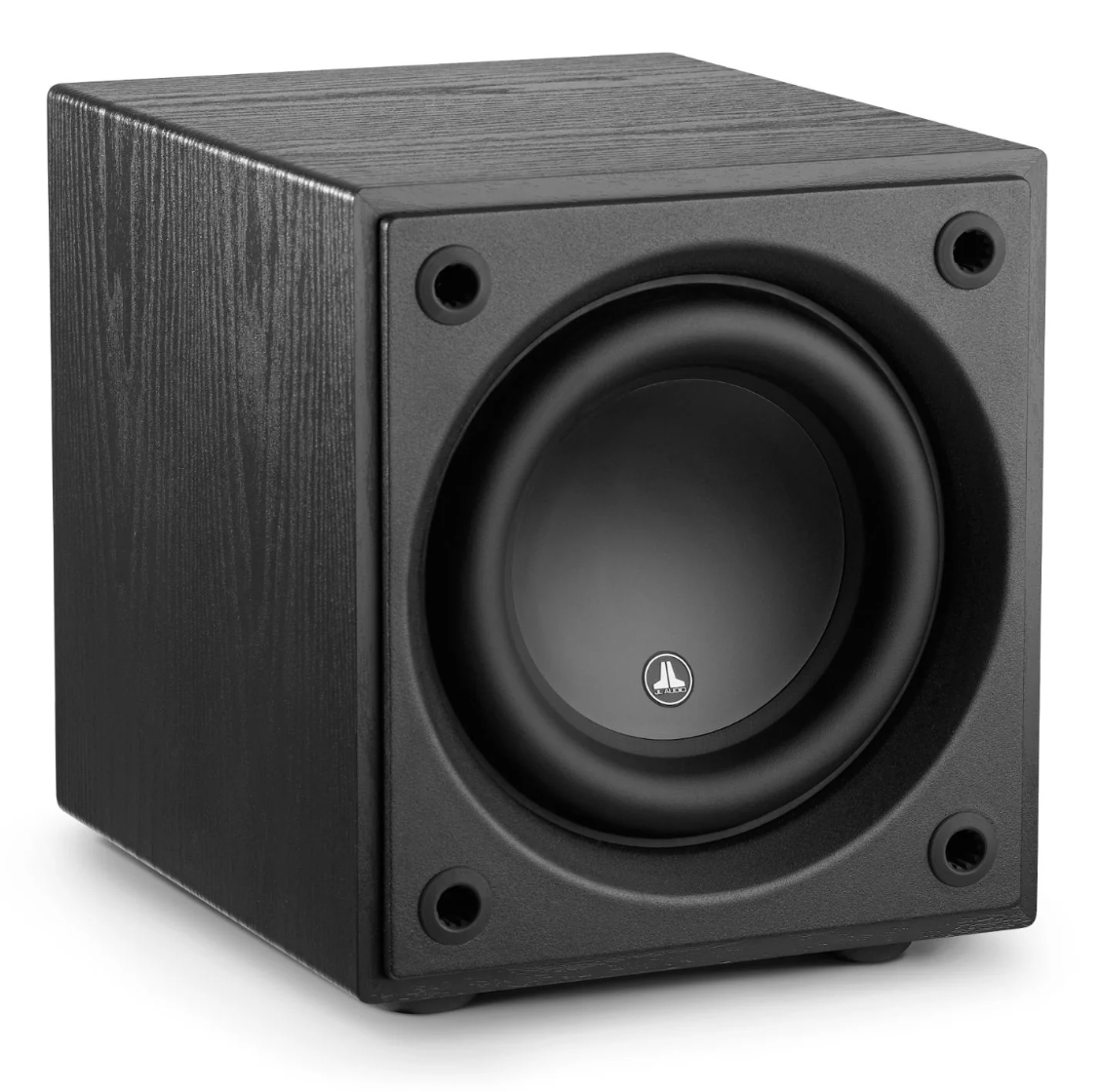 JL Audio Dominion d108 8-inch Subwoofer in Black Ash. Front, angled image