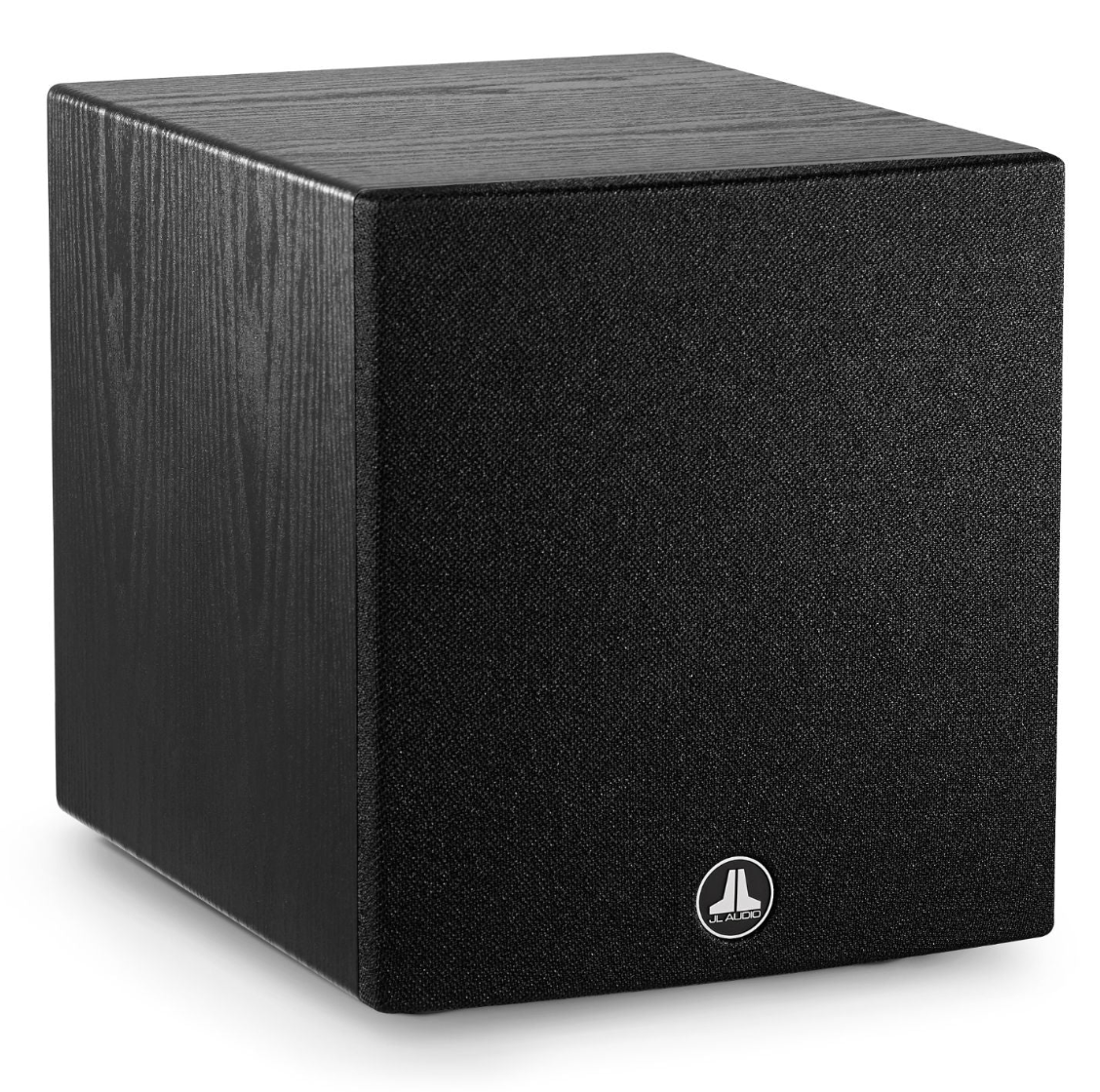 JL Audio Dominion d108 8-inch Subwoofer in Black Ash. Front, angled image with grille