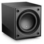 JL Audio Dominion d108 8-inch Subwoofer in Black Gloss. Front of unit on an angle