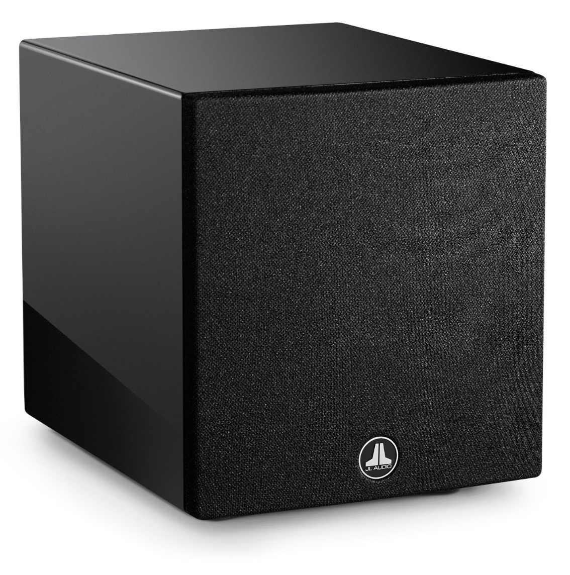 JL Audio Dominion d108 8-inch Subwoofer in Black Gloss. Front of unit on an angle with grille