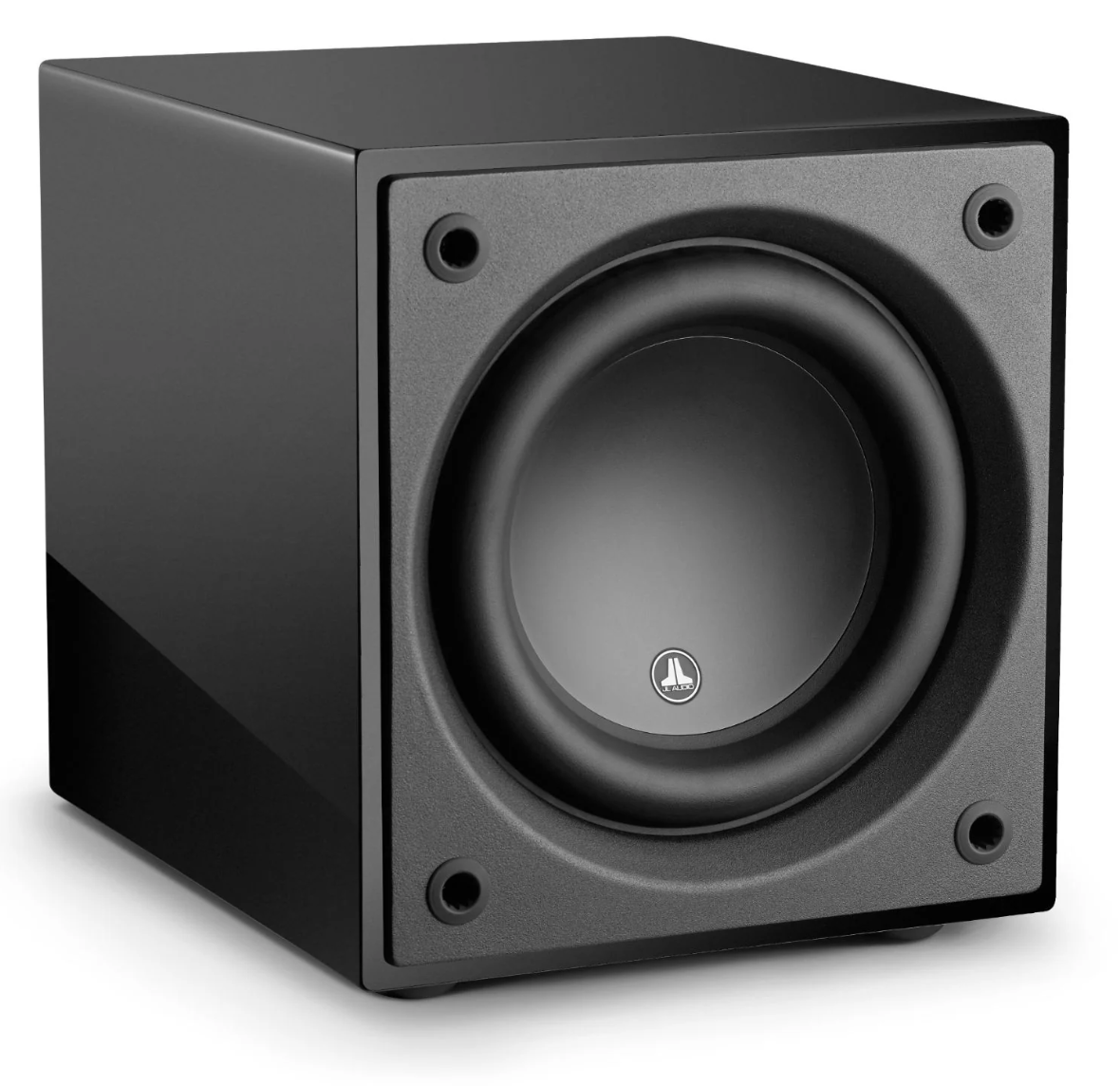 JL Audio Dominion d110 10-inch Subwoofer in Black Gloss, front of unit on an angle