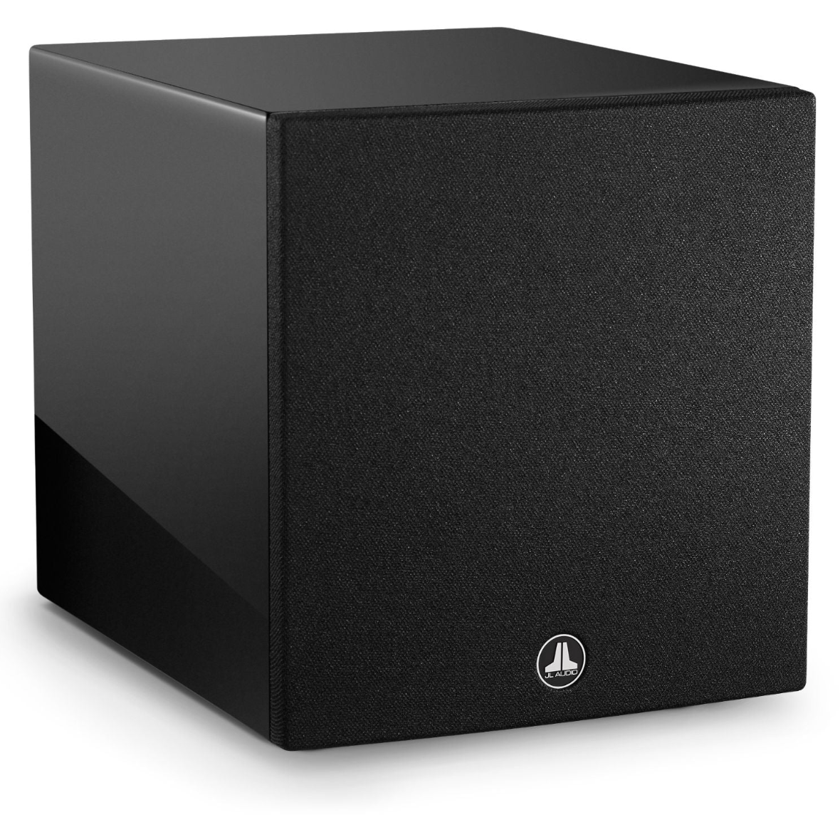 JL Audio Dominion d110 10-inch Subwoofer in Black Gloss, front of unit on an angle with grille