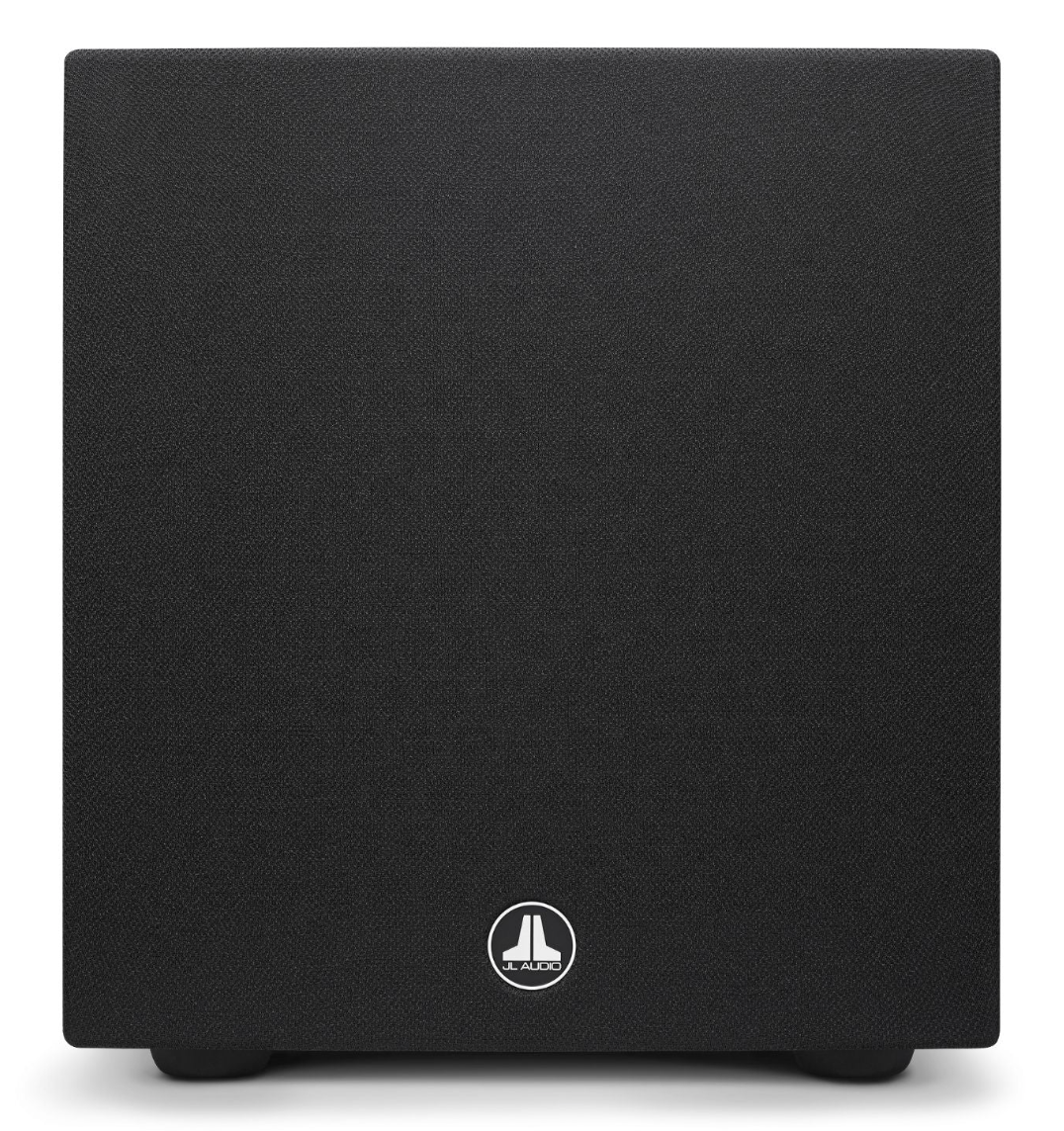 JL Audio Dominion d110 10-inch Subwoofer in Black Ash, front of unit with grille