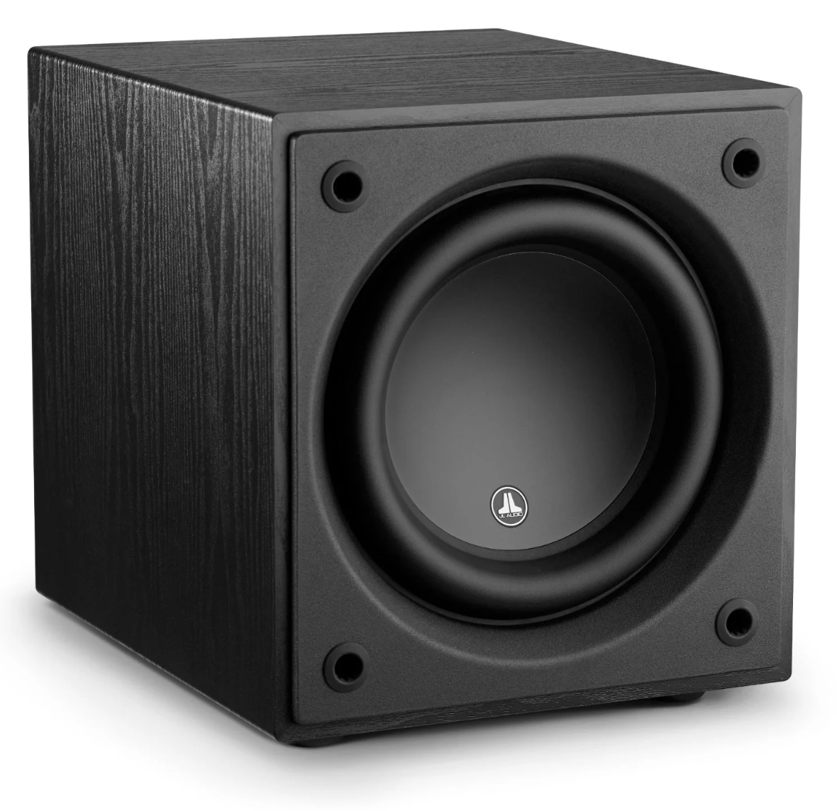 JL Audio Dominion d110 10-inch Subwoofer in Black Ash, front of unit, angled view