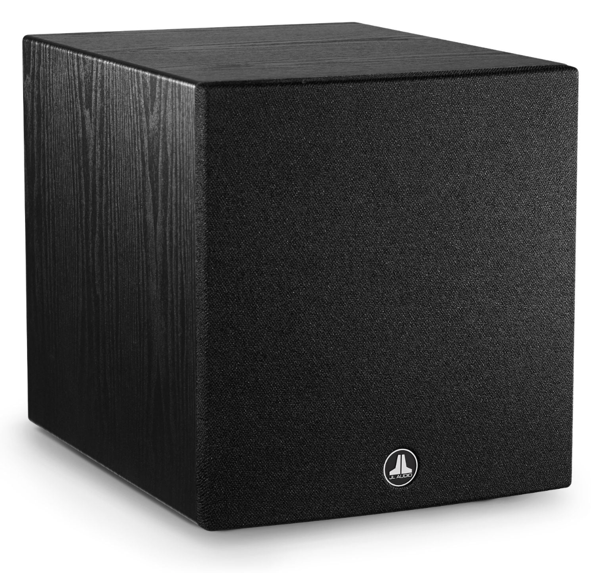JL Audio Dominion d110 10-inch Subwoofer in Black Ash, front of unit with grille, on an angle