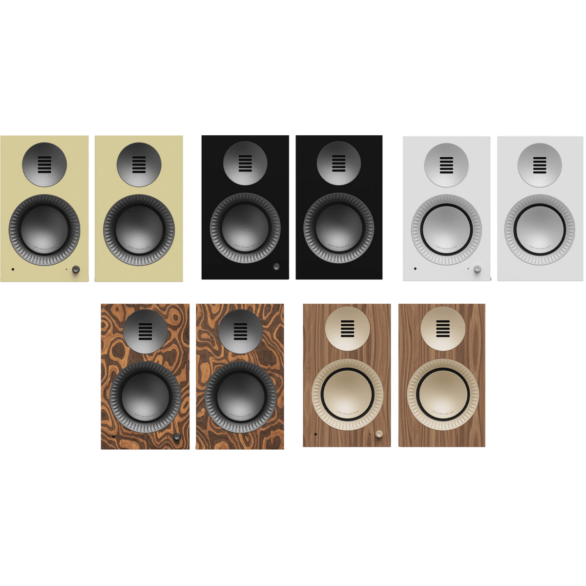 Kanto Audio TUK 2nd Generation 260W Active Speakers Range of finishes, front left to right: Gloss Butter with Gunmetal, Mastte Black with Gunmetal, Matte White with Aluminium, Burl with Gunmetal and Matte Walnut with Rose Gold