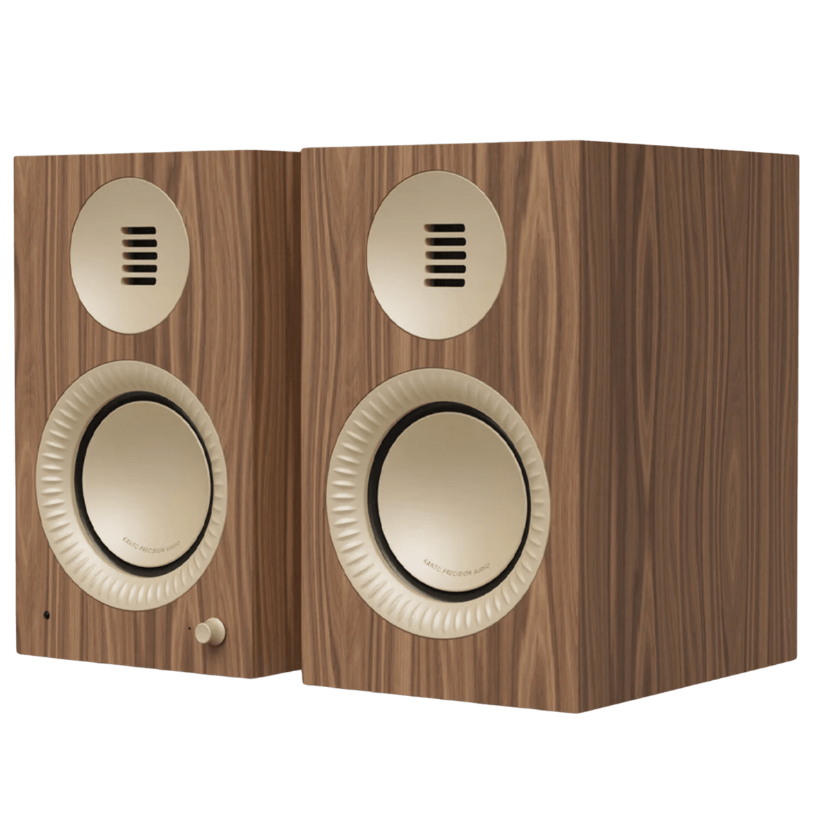 Kanto Audio TUK 2nd Generation 260W Active Speakers in Matte Walnut with Rose Gold, angled