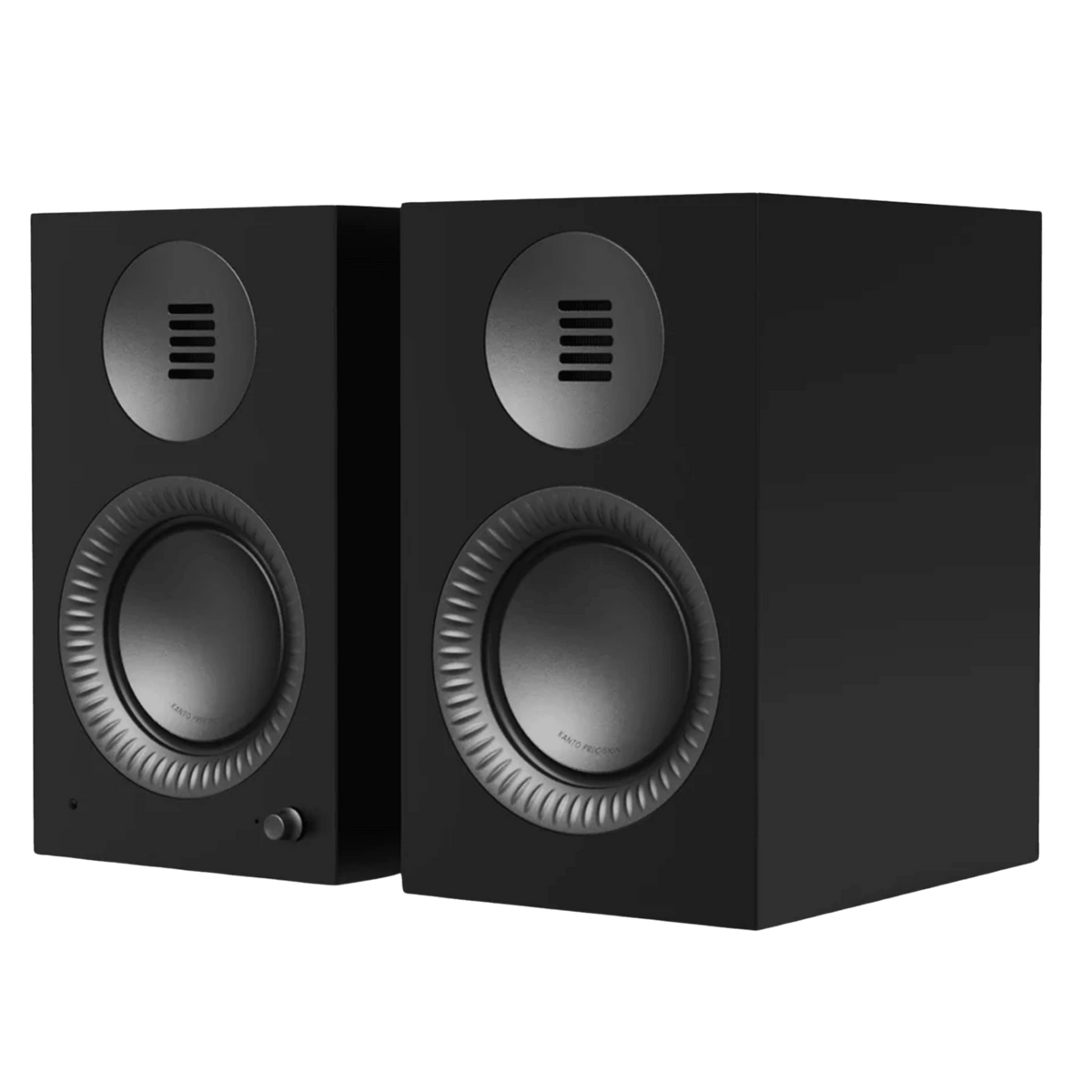 Kanto Audio TUK 2nd Generation 260W Active Speakers in Matte Black with Gunmetal, angled