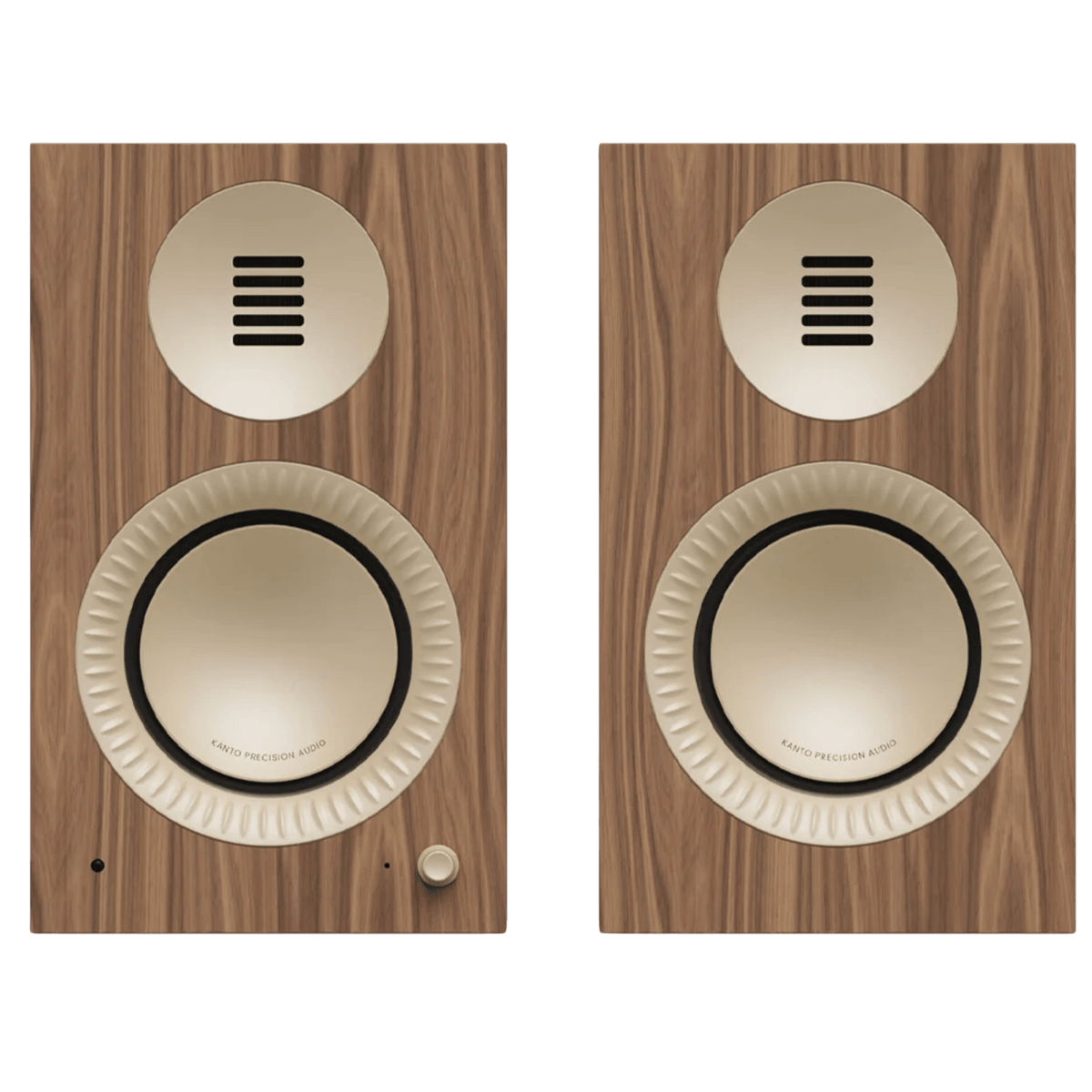Kanto Audio TUK 2nd Generation 260W Active Speakers in Matte Walnut with Rose Gold, front