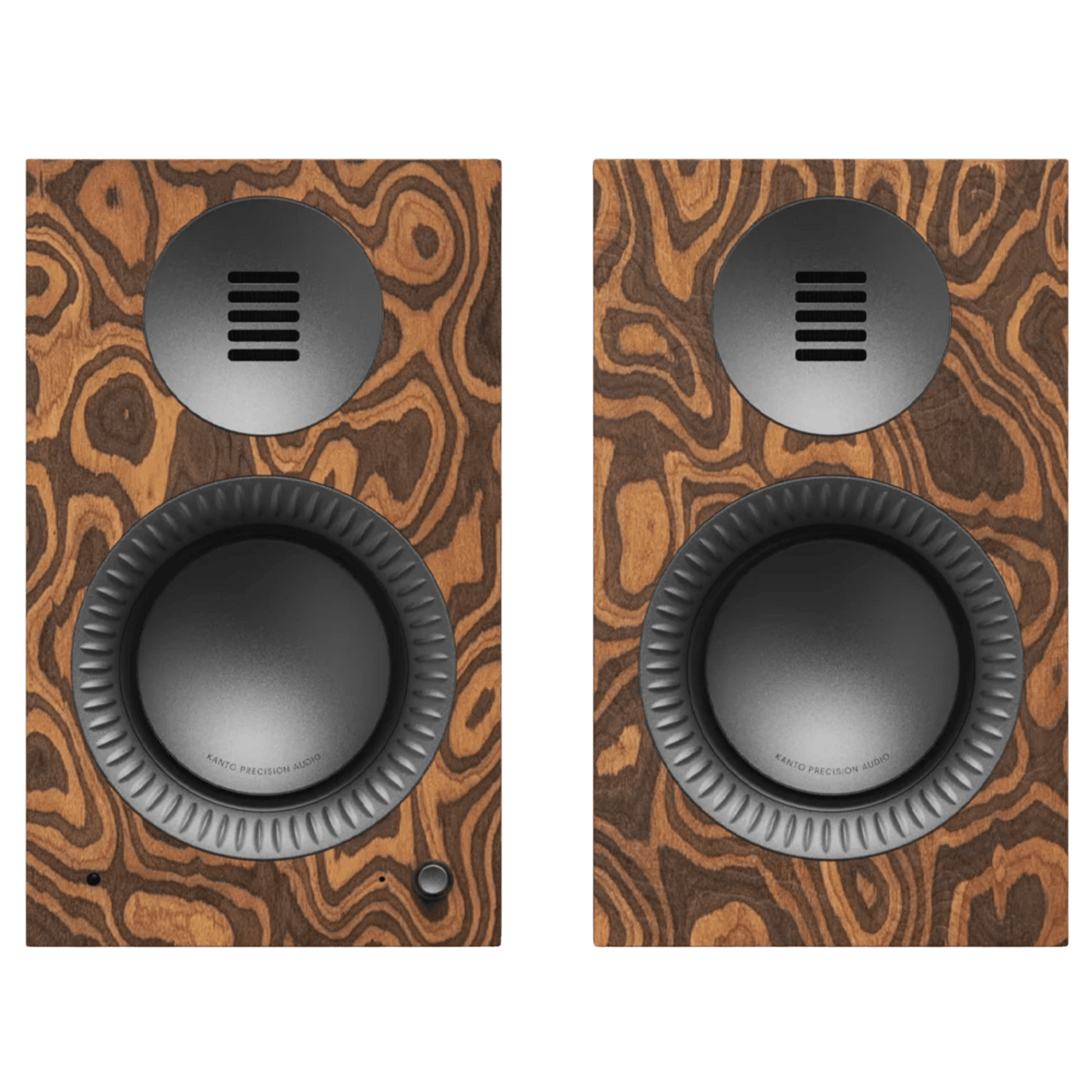 Kanto Audio TUK 2nd Generation 260W Active Speakers in Burl with Gunmetal, front