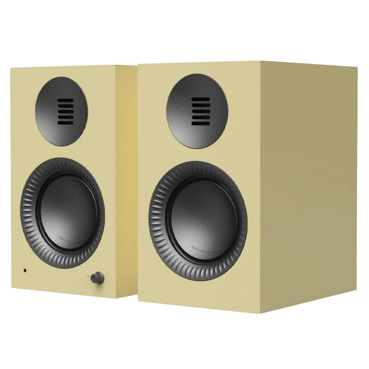 Kanto Audio TUK 2nd Generation 260W Active Speakers in Gloss Butter with Gunmetal, angled