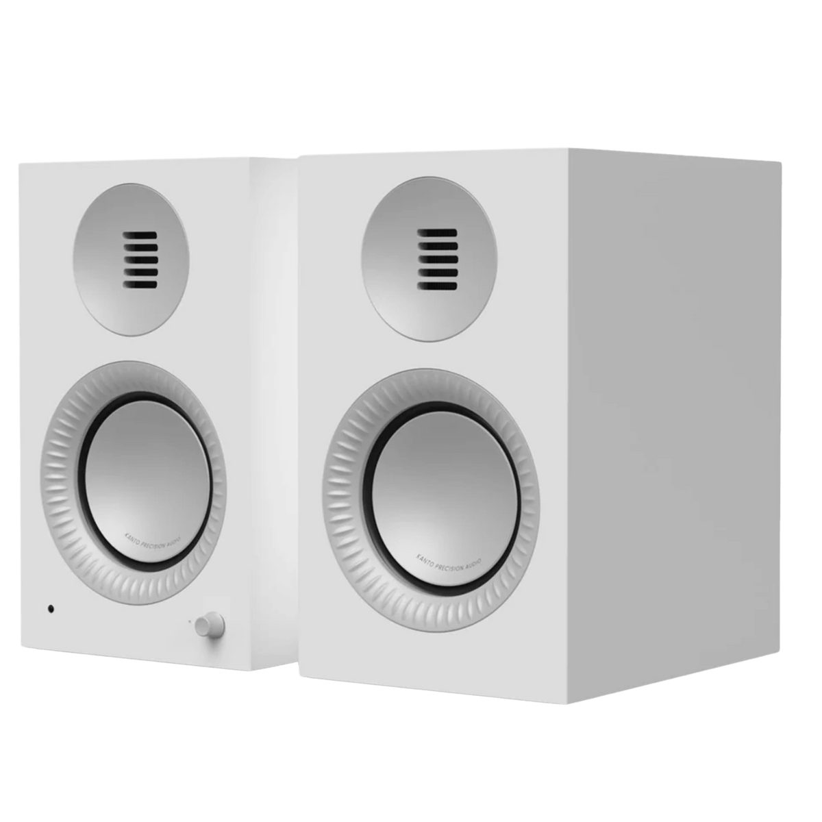 Kanto Audio TUK 2nd Generation 260W Active Speakers in Matte White with Aluminium, angled 