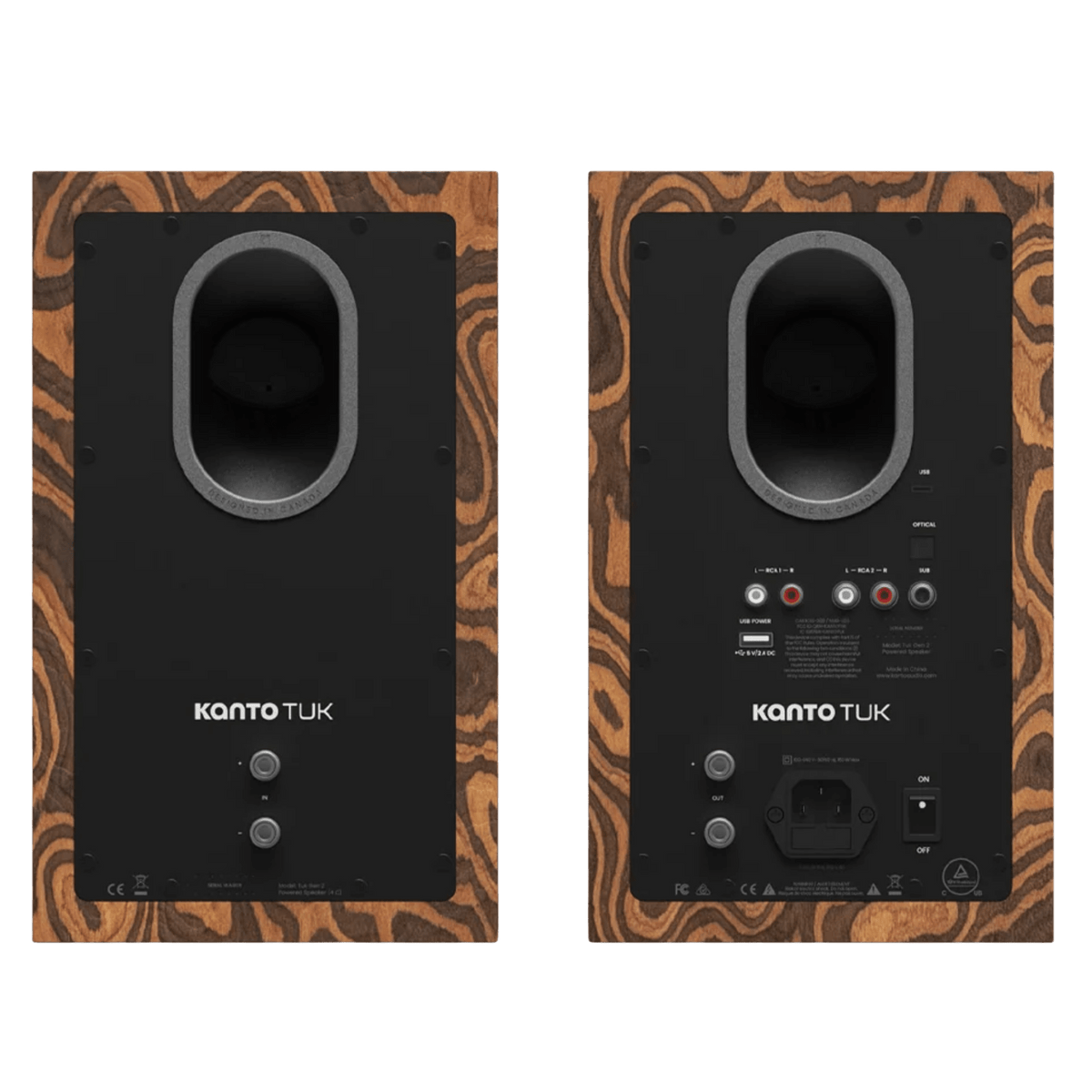 Kanto Audio TUK 2nd Generation 260W Active Speakers in Burl with Gunmetal, back