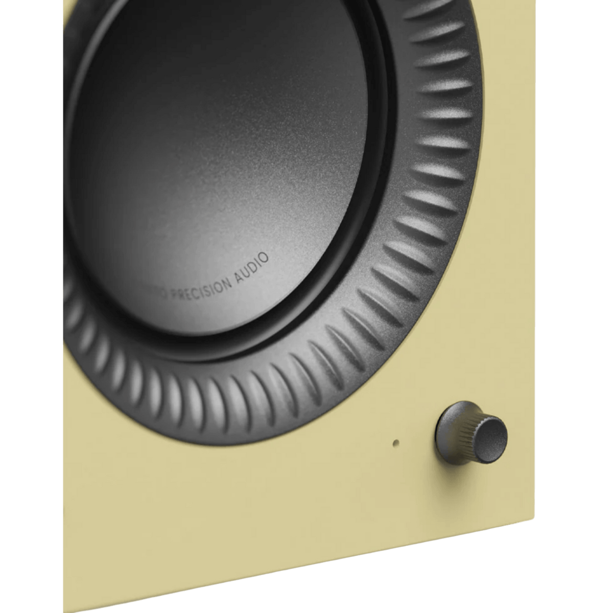 Kanto Audio TUK 2nd Generation 260W Active Speakers in Gloss Butter with Gunmetal, front, driver closeup
