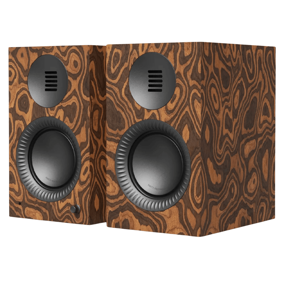 Kanto Audio TUK 2nd Generation 260W Active Speakers in Burl with Gunmetal, angled