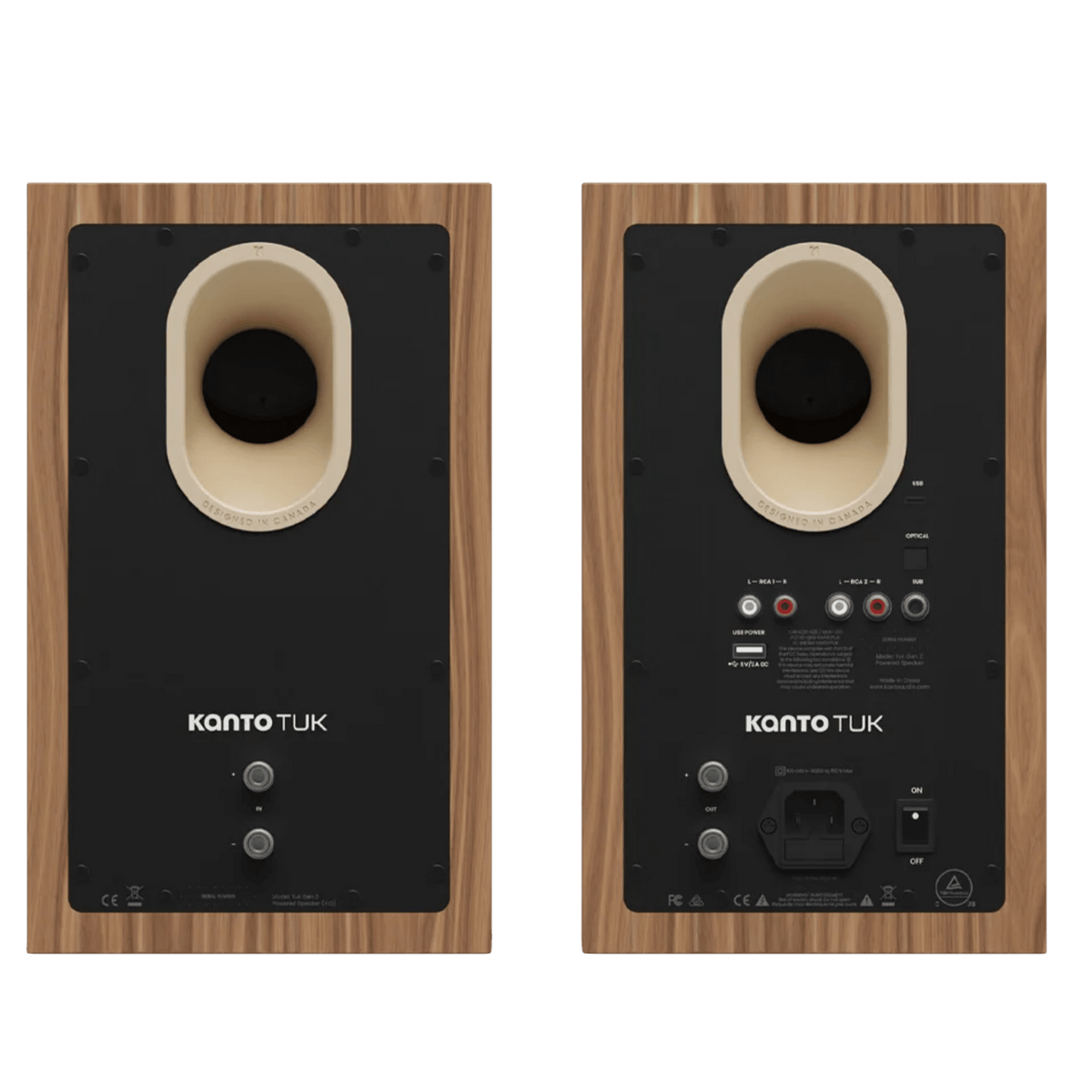 Kanto Audio TUK 2nd Generation 260W Active Speakers in Matte Walnut with Rose Gold, back 