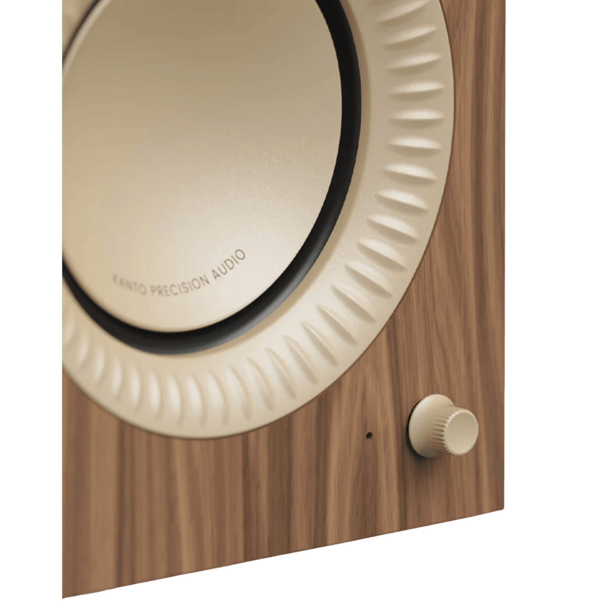 Kanto Audio TUK 2nd Generation 260W Active Speakers in Matte Black with Gunmetal, closeup of driver and control