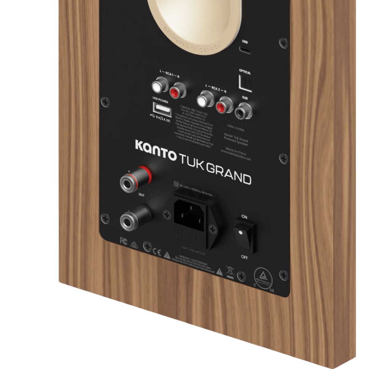 Kanto Audio TUK Grand 2nd Generation 320W Active Speakers in Matte Walnut with Rose Gold, close up of the back of the active speaker