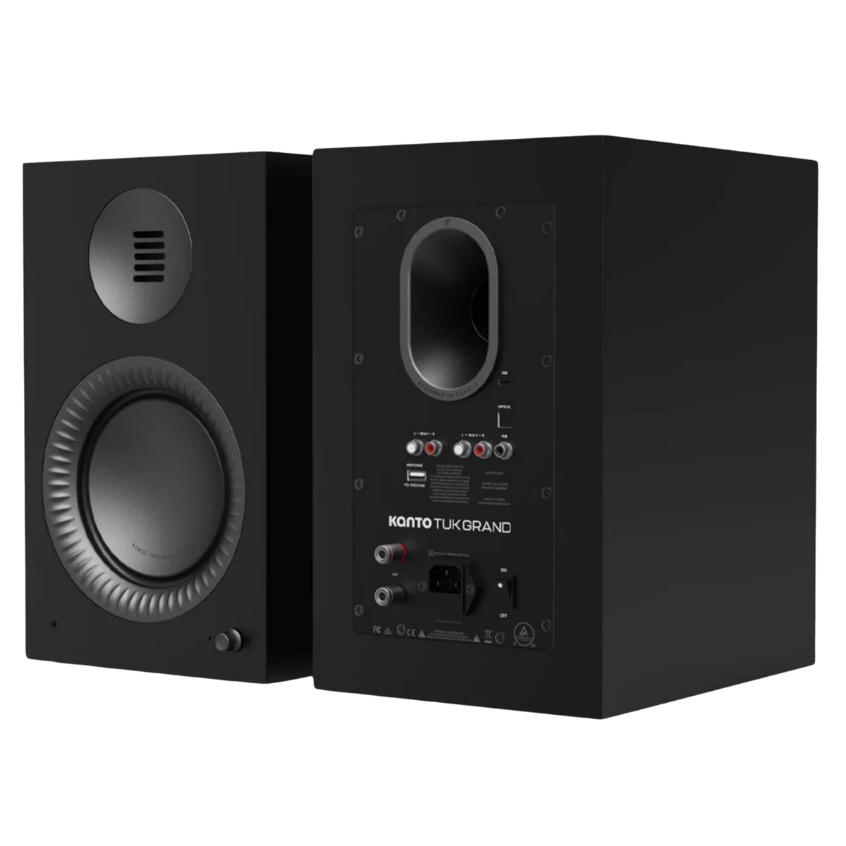 Kanto Audio TUK Grand 2nd Generation 320W Active Speakers in Matte Black with Gunmetal, front and back shown