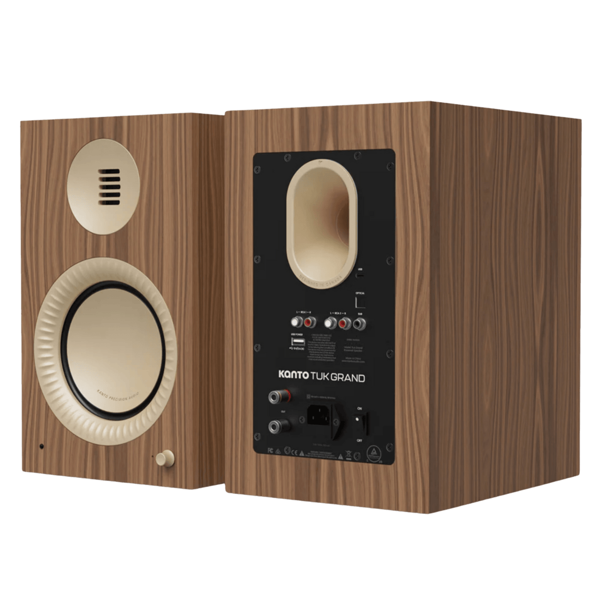 Kanto Audio TUK Grand 2nd Generation 320W Active Speakers in Matte Walnut with Rose Gold, front and back of speakers shown, angled
