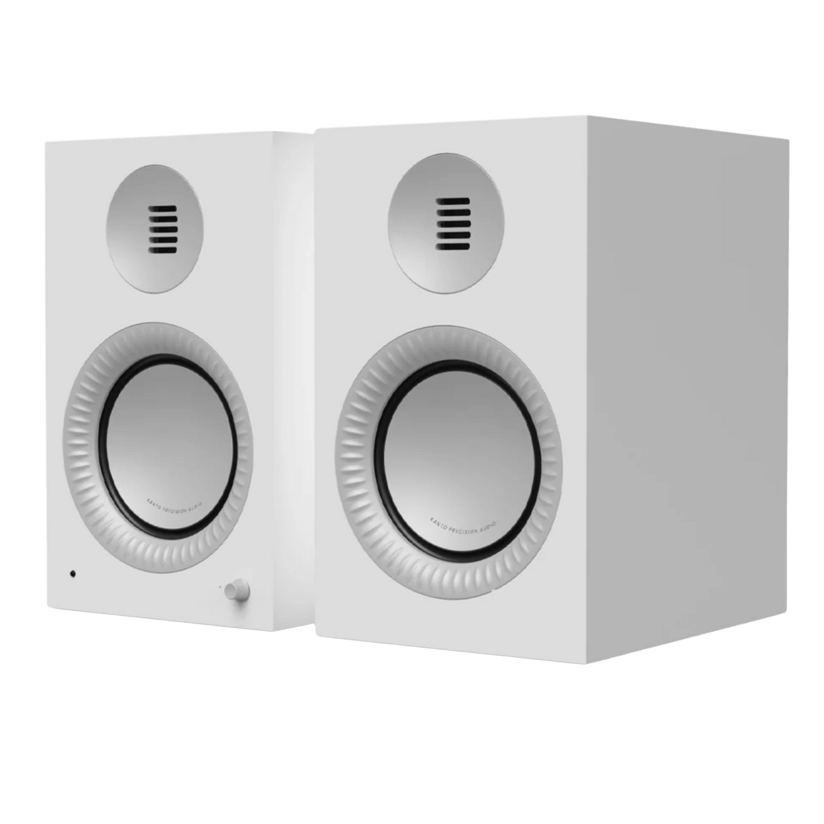 Kanto Audio TUK Grand 2nd Generation 320W Active Speakers in Matte White with Aluminium, angled view