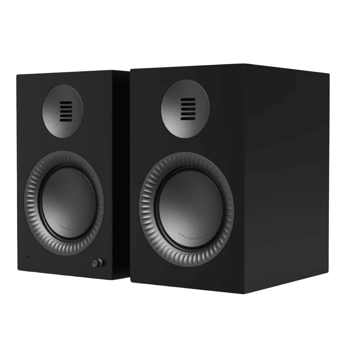 Kanto Audio TUK Grand 2nd Generation 320W Active Speakers in Matte Black with Gunmetal, angled view
