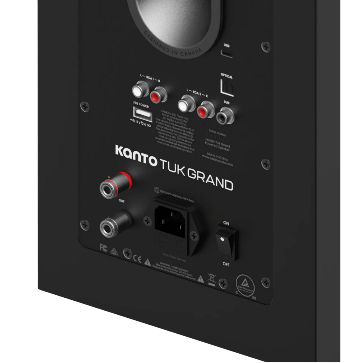 Kanto Audio TUK Grand 2nd Generation 320W Active Speakers in Matte Black with Gunmetal, close up of back of active speaker