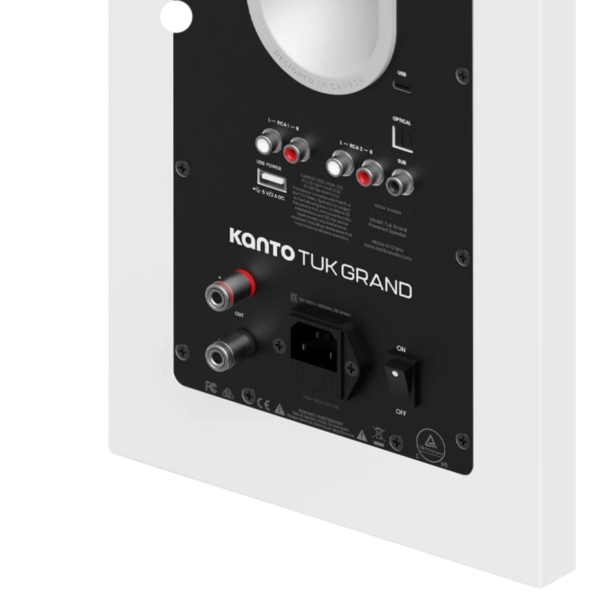 Kanto Audio TUK Grand 2nd Generation 320W Active Speakers in Matte White with Aluminium. Rear of active speaker
