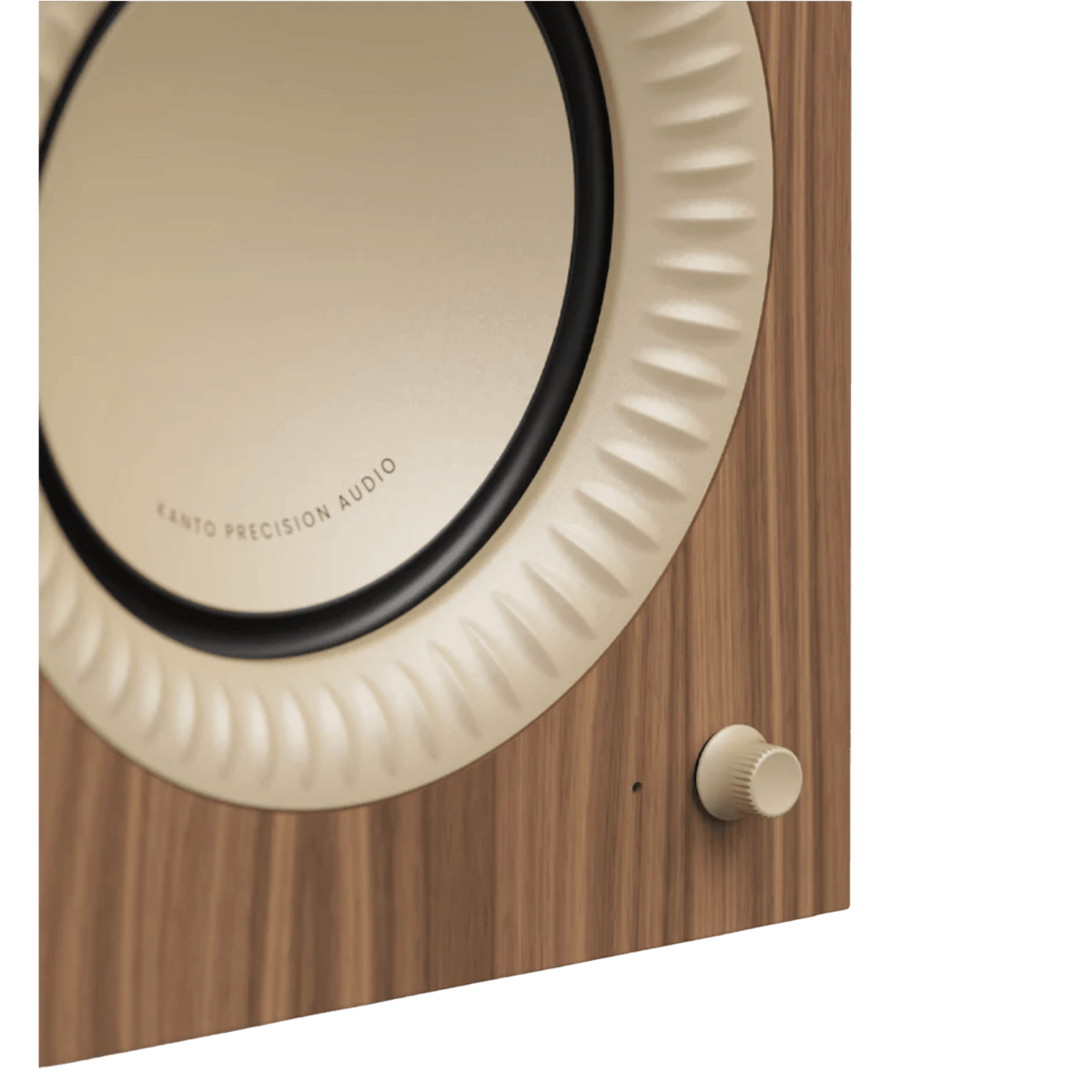 Kanto Audio TUK Grand 2nd Generation 320W Active Speakers in Matte Walnut with Rose Gold, closeup of front of active speaker