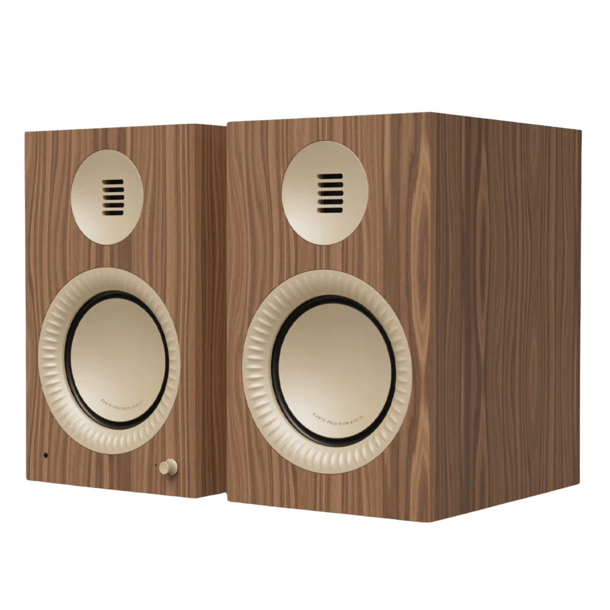 Kanto Audio TUK Grand 2nd Generation 320W Active Speakers in Matte Walnut with Rose Gold, angled view