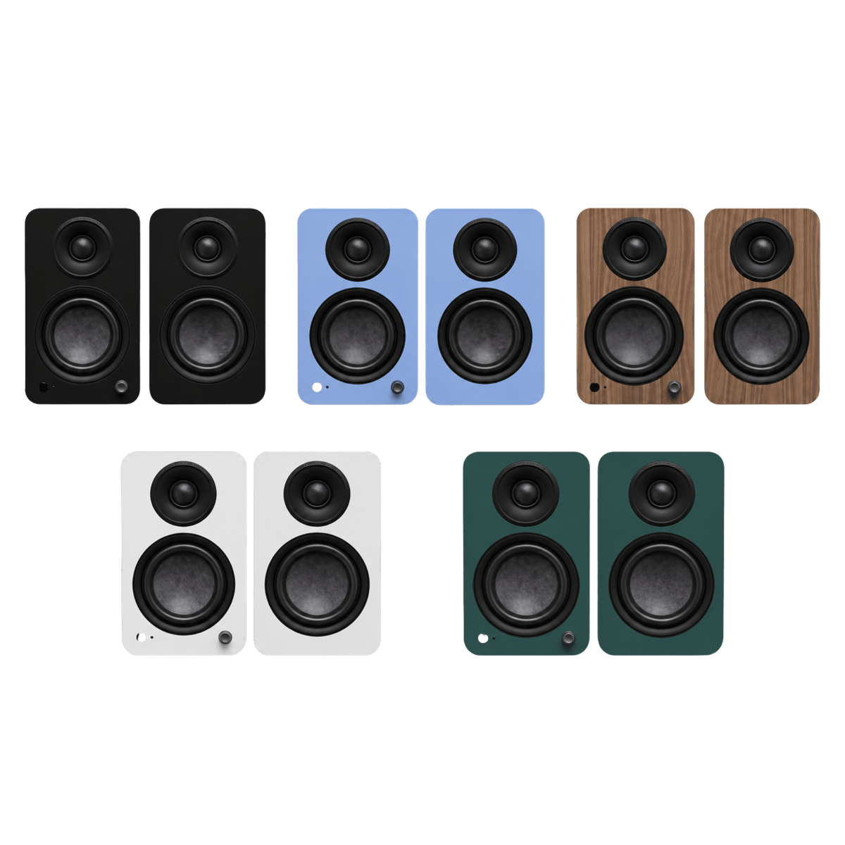 Kanto Audio YU4 2nd Generation 160W Active Speakers range of Matte Finishes, left to right: Black, Ice Blue, Walnut, White and Green