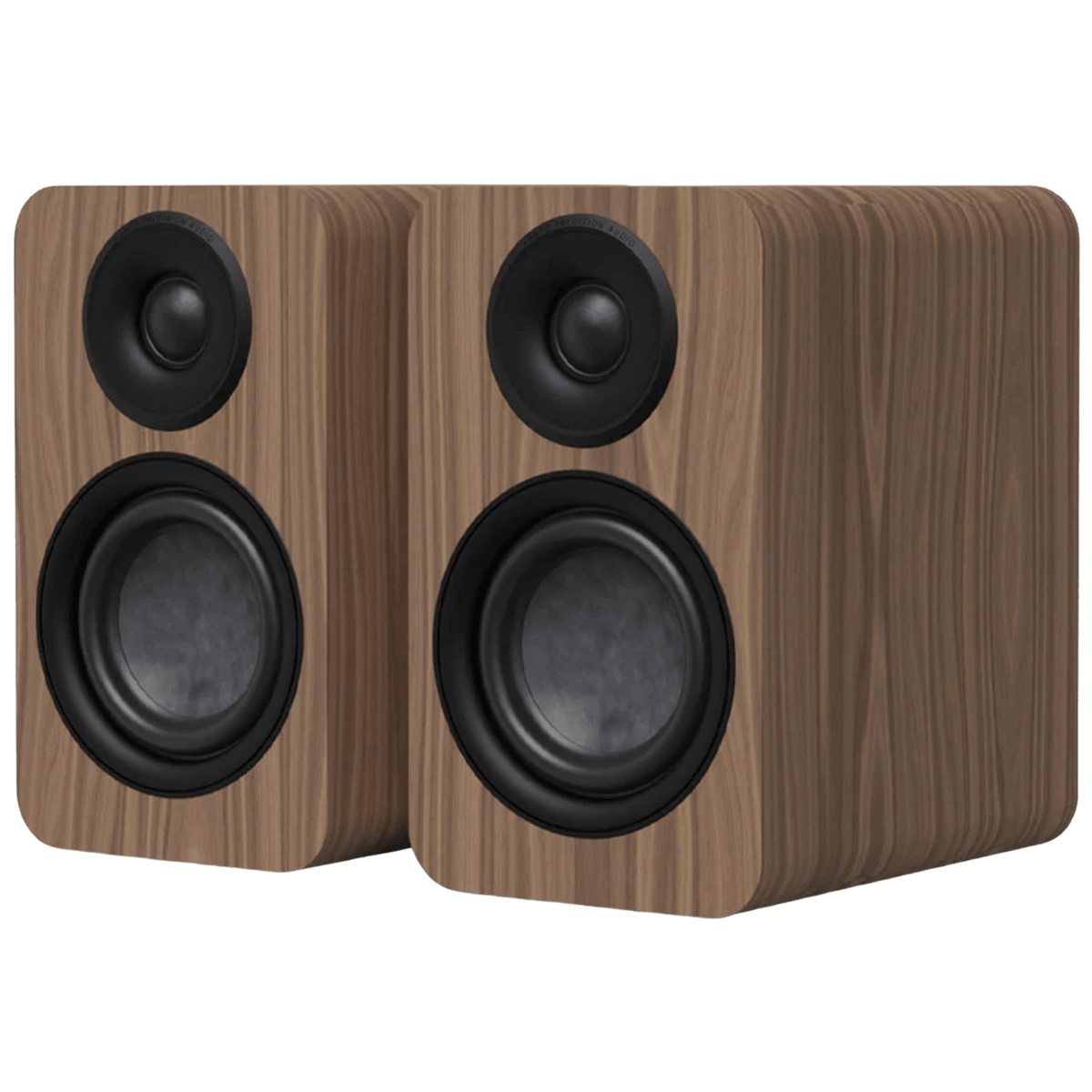 Kanto Audio YU4 2nd Generation 160W Active Speakers in Matte Walnut, angled